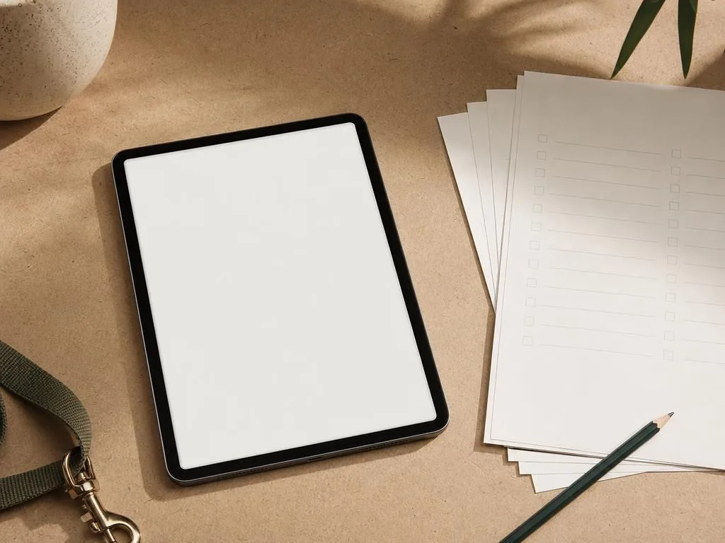 Tablet z pustym ekranem i wydrukowane arkusze checklisty leżą na papierowym tle obok zielonego ołówka i smyczy.