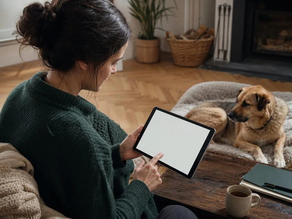Opiekunka trzyma tablet z pustym ekranem, obok na posłaniu odpoczywa pies.
